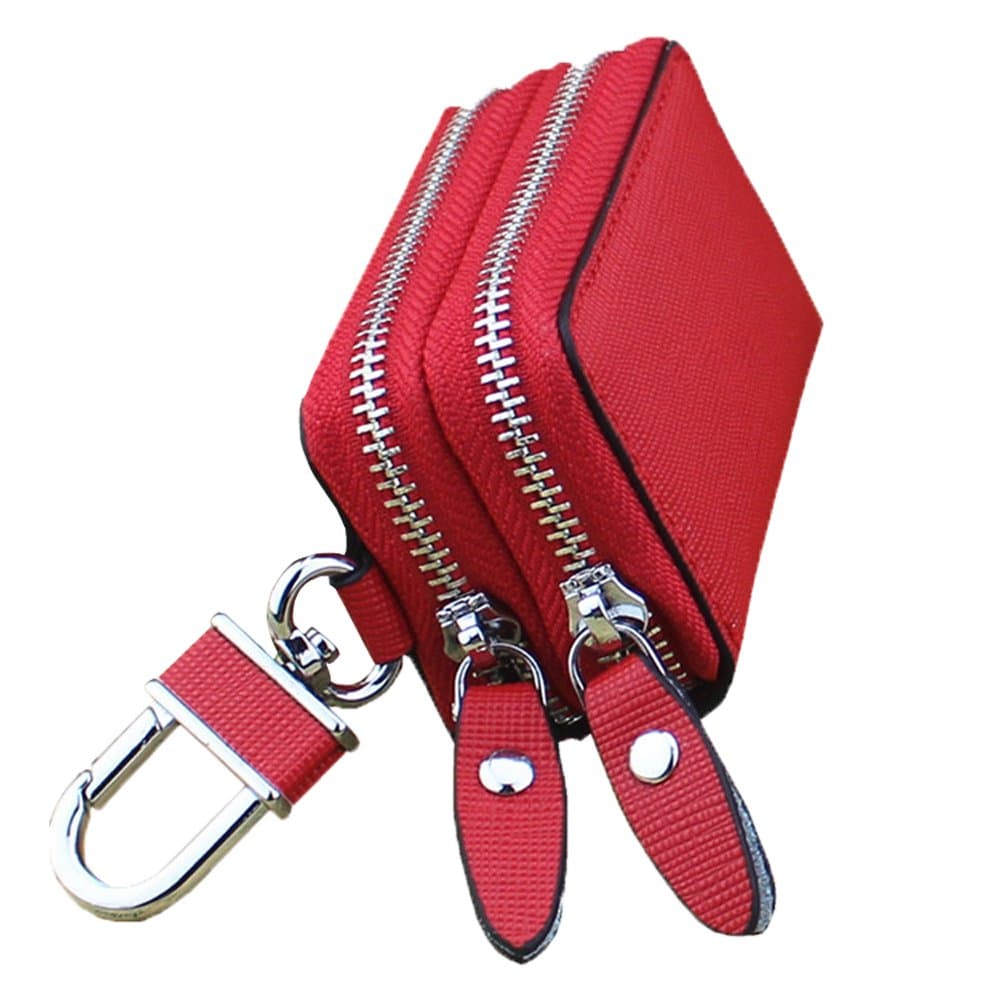 PEOTOUVY Multifunction Car Key Case Leather Double Zipper Car Key Chain Holder Wallet for Key FOB - Red