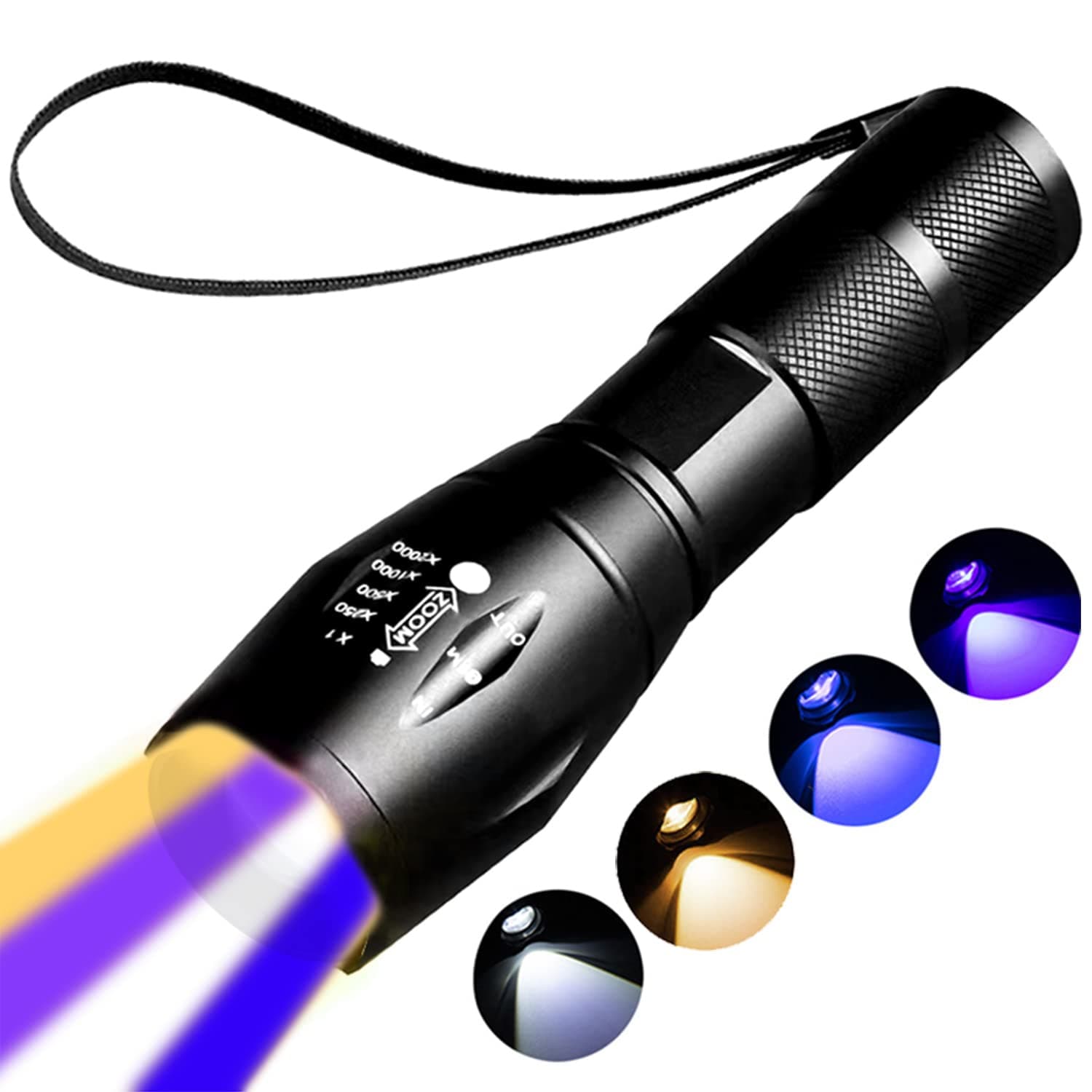 Rechargeable Multi Function Flashlights – 4 Color Lights, Black Light UV Flashlights, Blood Tracking Light for Hunting,4 Modes. LED UV Black and Blue Light and White Lights and Yellow Lamps