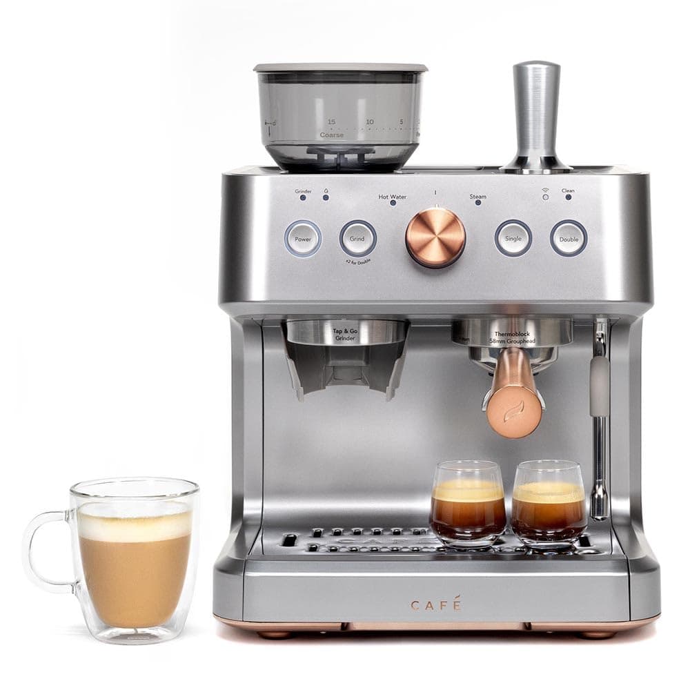 Café Bellissimo Semi Automatic Espresso Machine + Milk Frother | WiFi Connected, Smart Kitchen Essentials | Built-In Bean Grinder, 15-Bar Pump & 95-Ounce Water Reservoir | Steel Silver