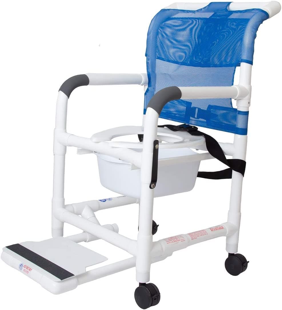 Rolling Shower Chair with Wheels & Drop Arms, Mesh Seat, 4 Locking Casters, Seat Belt, Sliding Footrest, Commode Pail – Fits Over Toilet, 300 lb Capacity – Institutional Grade | RL-1