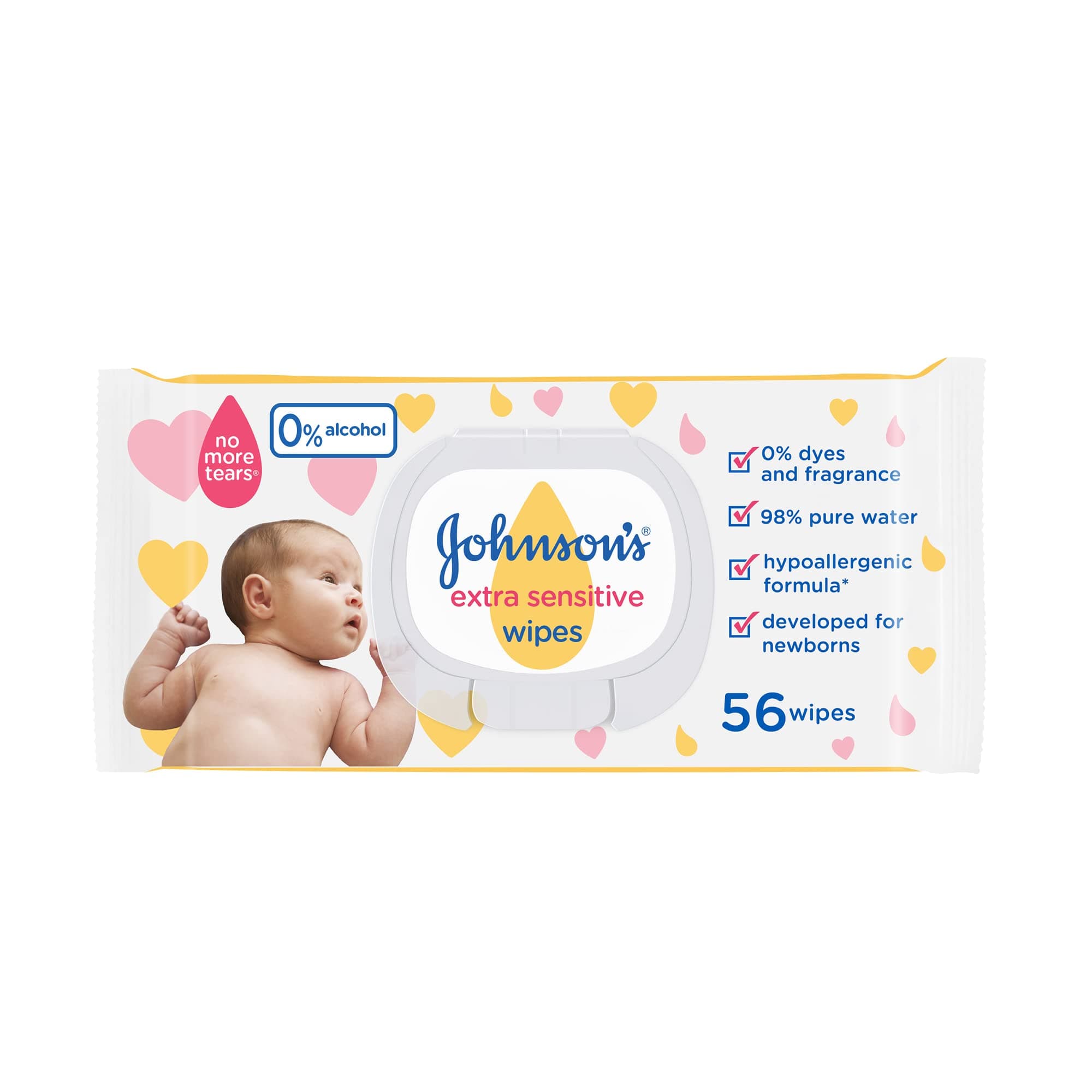 Johnson's Baby Extra Sensitive Wipes, 98% Pure Water, Gentle and Soothing Baby Wipes for Sensitive Skin, Pack of 56 Wipes, Ideal for Newborns and Toddlers.