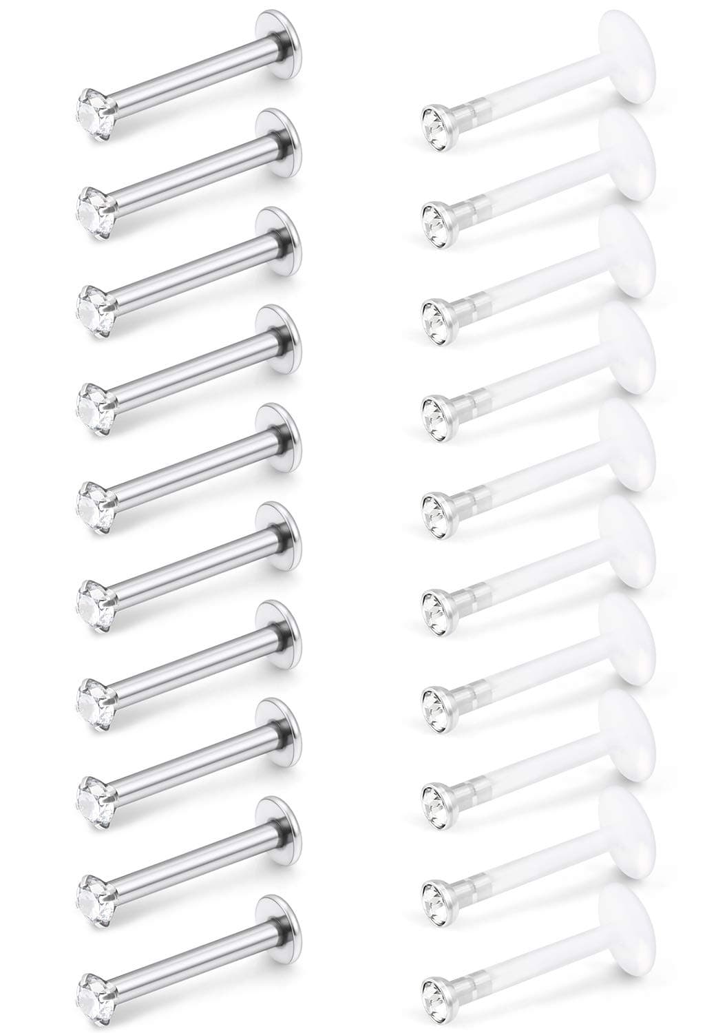 SCERRING16G Lip Rings 6mm 8mm 10mm Acrylic & Stainless Steel Labret Monroe Lip Ring Tragus Rook Helix Earring Stud Piercing Jewelry with 2mm CZ 20-40PCS