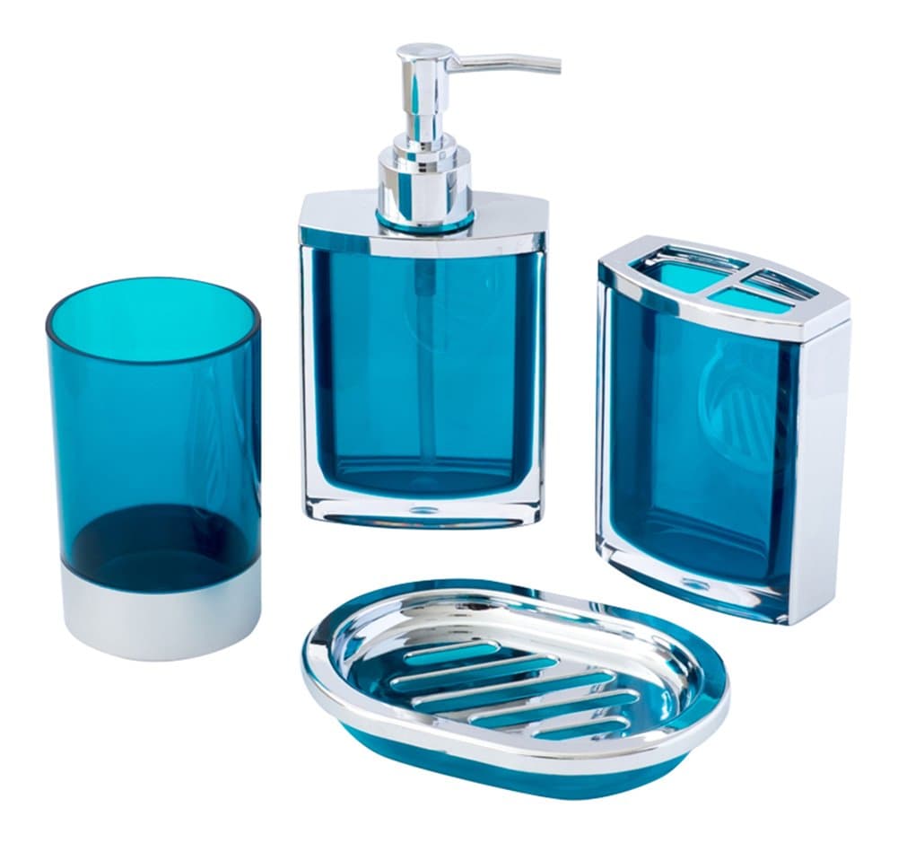 JustNile 4-Piece Vogue Translucent Blue and Chrome Bathroom Accessory Set; Includes Tumbler, Toothbrush Holder, Soap Dispenser and Dish – Made with Durable Acrylic.