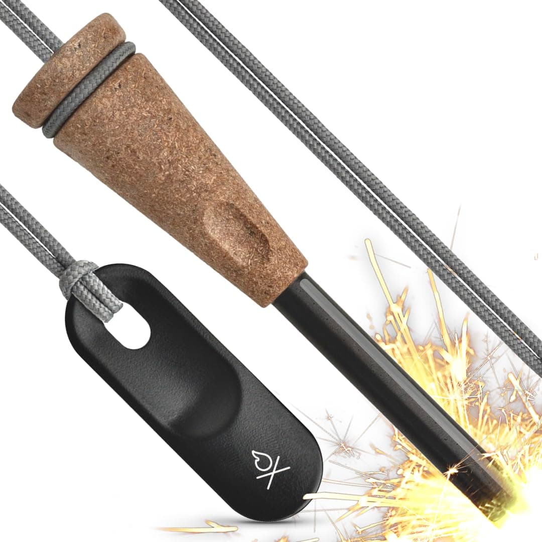 überleben Zünden Fire Starter - Traditional Ferro Rod, Handcrafted Wood Handle - 5/16", 3/8", & 1/2" Thick Fire Steel - 12,000-20,000 Strikes - Survival Igniter with Neck Lanyard & Multi-Tool Striker