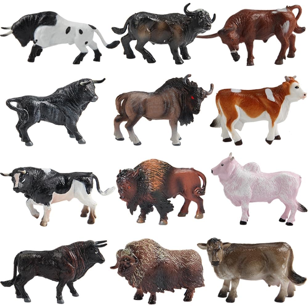 Mini Tudou 12 Pcs Farm Toy Set 3.4in,Multicolor Cow Animal Figurines Cool Cake Topper & Exhibits for Ages 3 4 5 Boys&Girls
