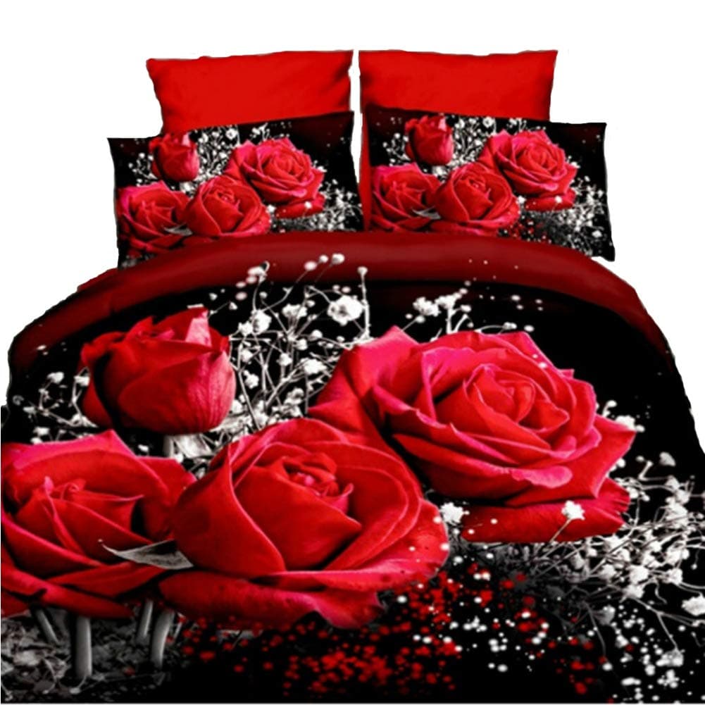 XIAOCHENGDARUI 4Pcs/Set Red Rose Pattern 3D Printed Bedding Set Bedclothes Home Textiles King Size Quilt Cover Bed Sheet 2 Pillowcases(Size:200 x 230 cm)