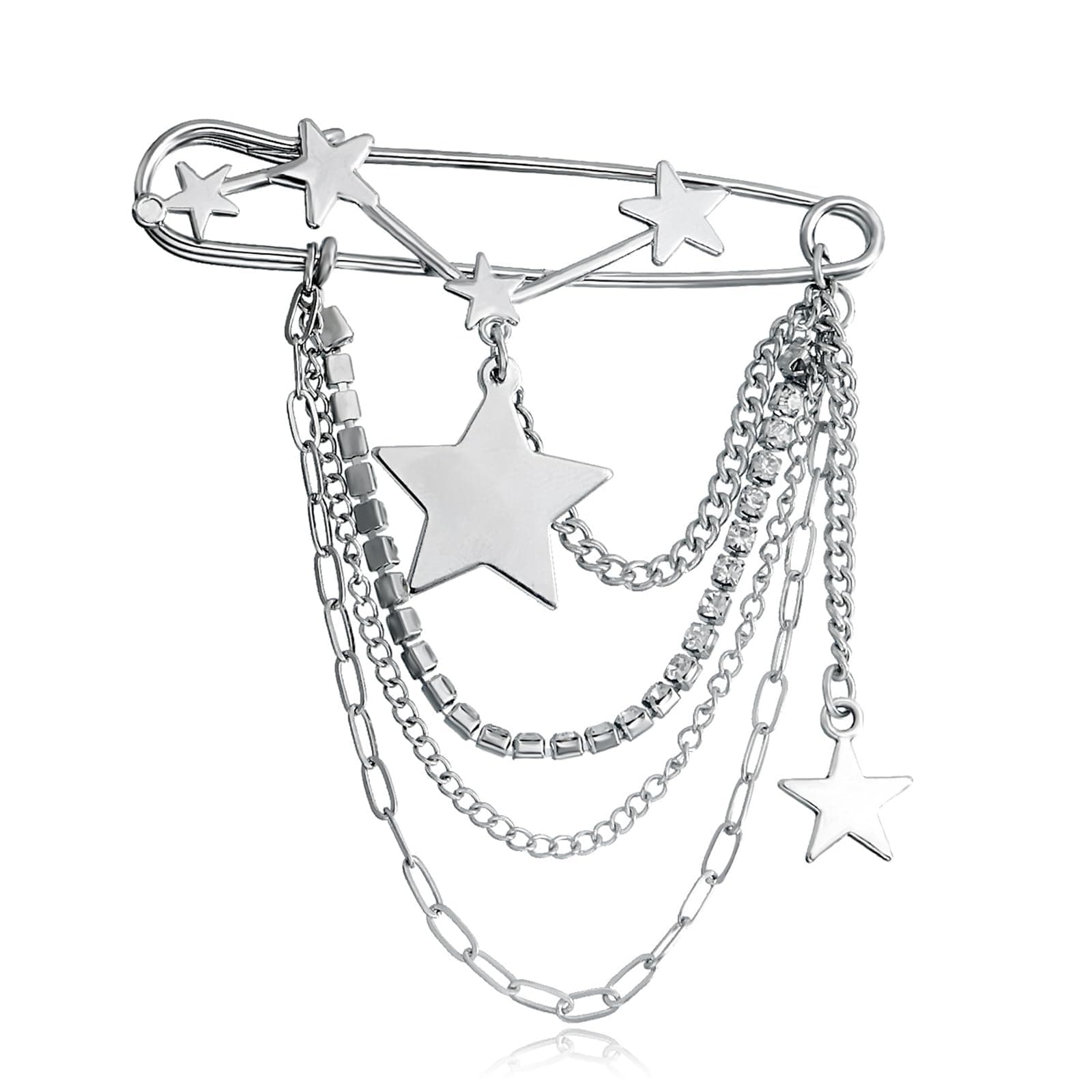 GYRMMUEPunk Gold Silver Star Moon Tassel Chain Brooch,Vintage Crystal Moon Star Collar Pins Cubic Zirconia Sweater Shawl Clips Collar Brooch for Women