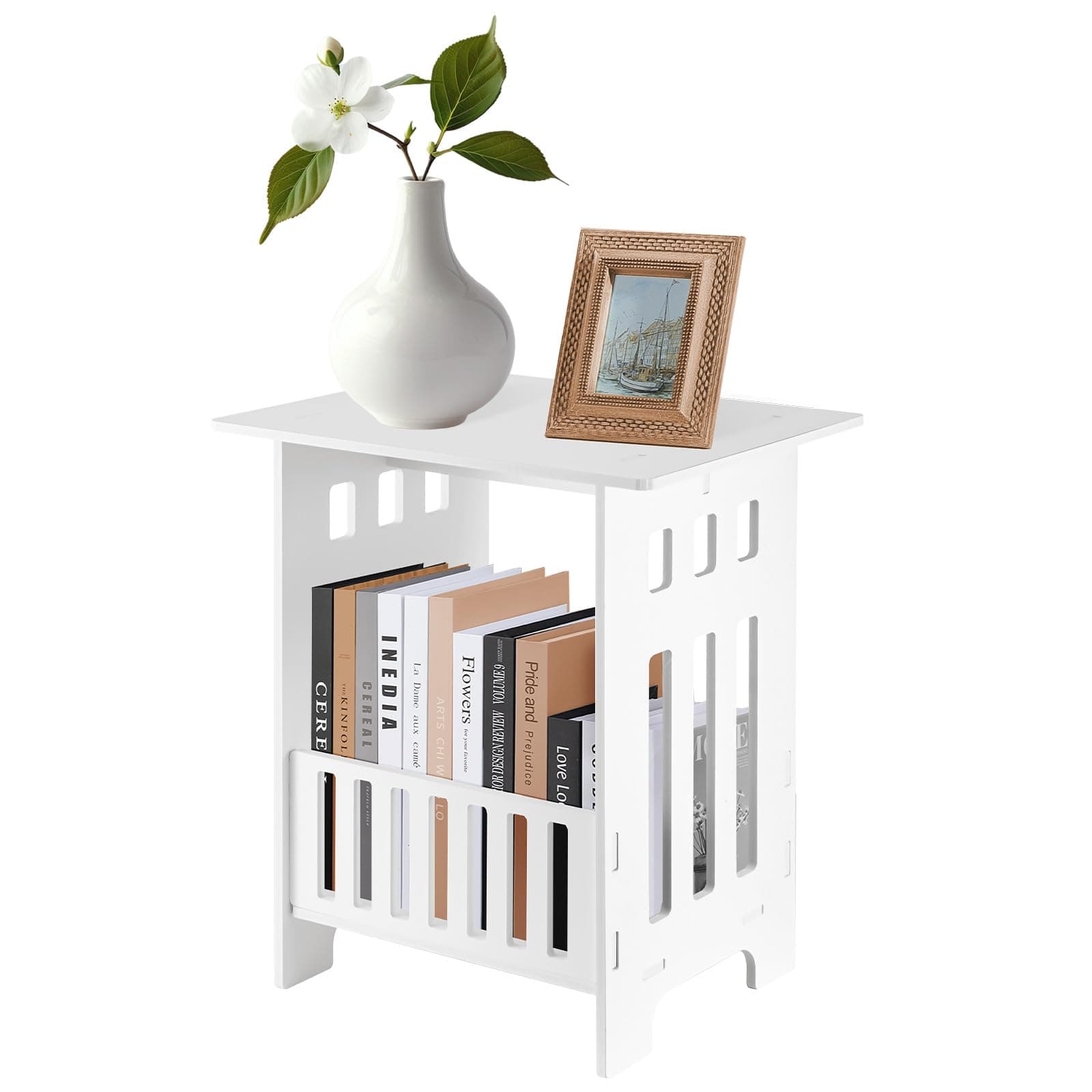 CROWNSHOP Small Side Table Side End Coffee Table Beside lamp Stand Nightstand Storage Shelf for Living Room Bedroom Bathroom Office Hallway White (1PC)