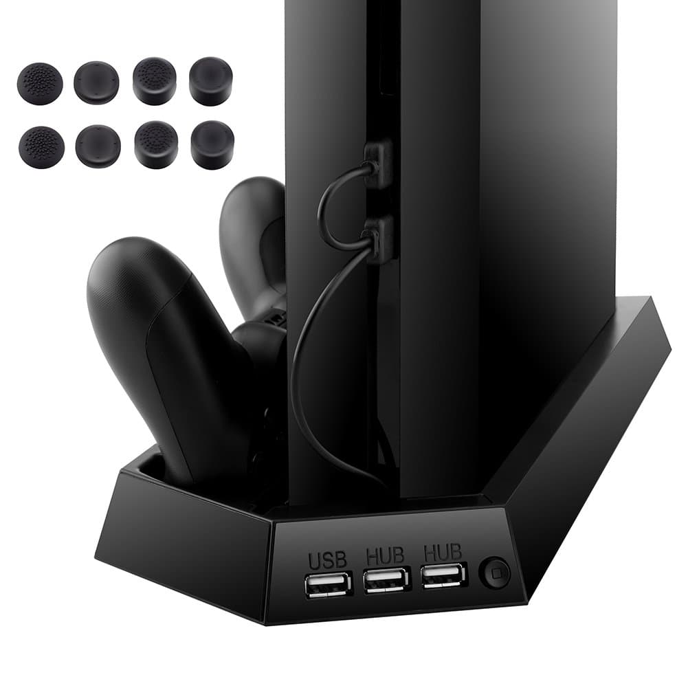 Urpower Dual Charger Vertical Stand with Cooling Fan with 2 HUB, 1 USB Port and 8 Thumb Grip Stick Covers for PlayStation 4