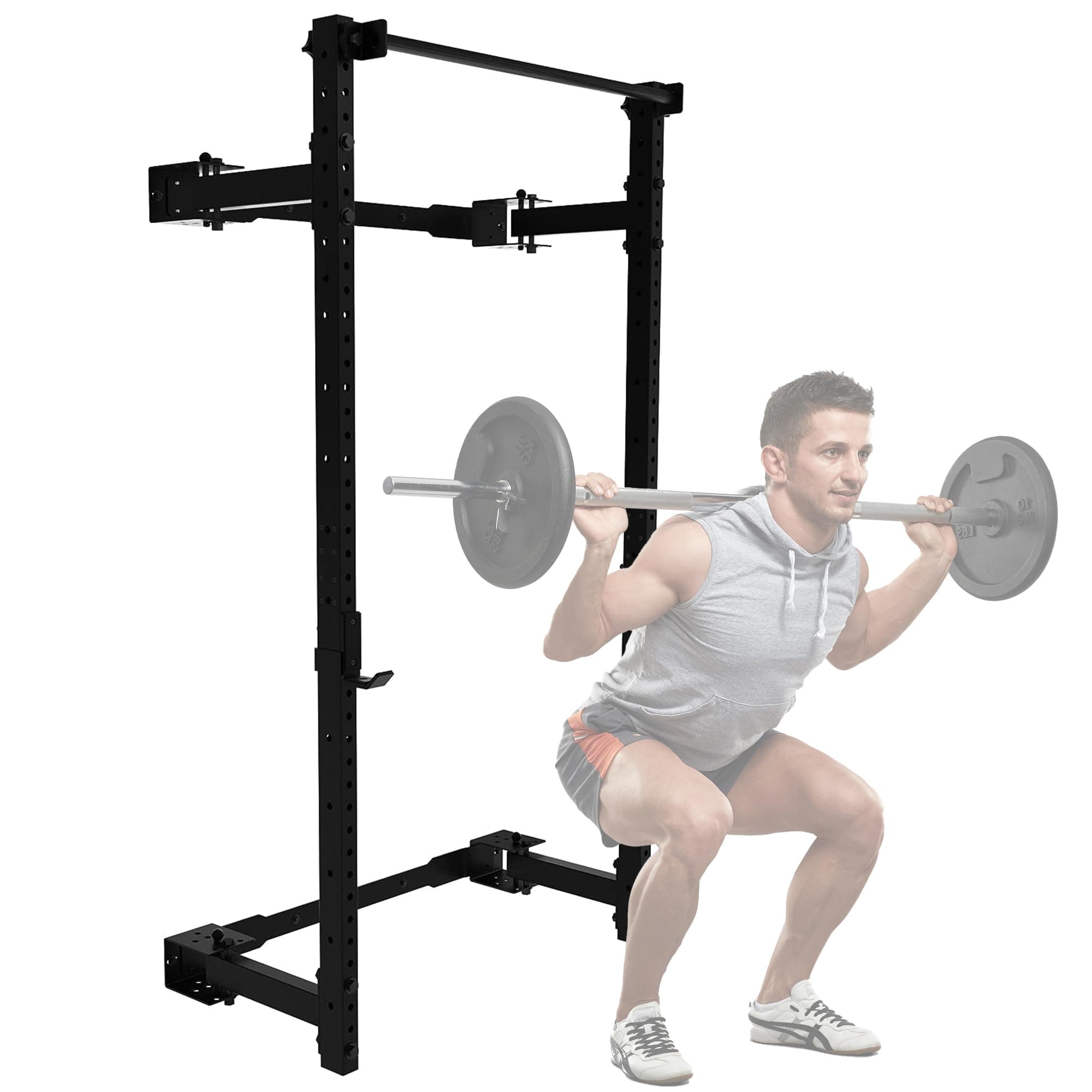 Wall Mounted Folding Power Squat Rack - Heavy Duty Adjustable Pull Up Bar, Space Saving Home Gym Equipment with Durable J-Cups, Ideal for Weight Lifting and Strength Training - Black