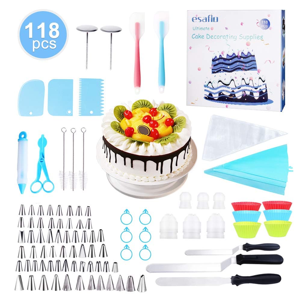 esafio 118 pcs Cake Decorating Supplies with Baking Supplies Rotating Turntable Stand, 60 Icing Tips, Disposable Plastic Decorating Bags, Silicone Cake Cups, Icing Spatula and Smoother, Pastry Tool