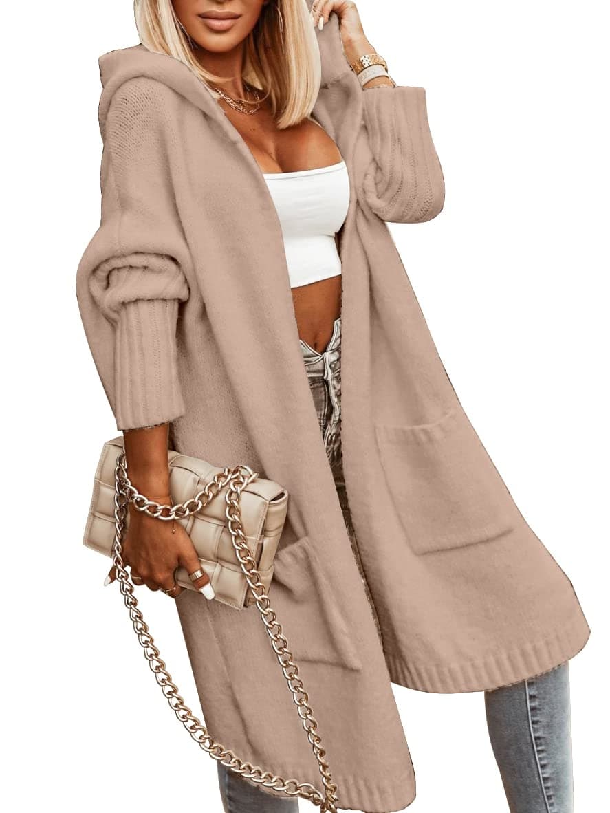 Womens Long Cardigans Cable Knitted Open Front Oversized Hooded Outerwear Sweater Coat
