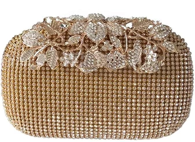 - Women Handicraft Beautiful Diamond Crystal Flower Box Clutch Bag Purse for Bridal, Casual, Wedding (Diamond Gold)