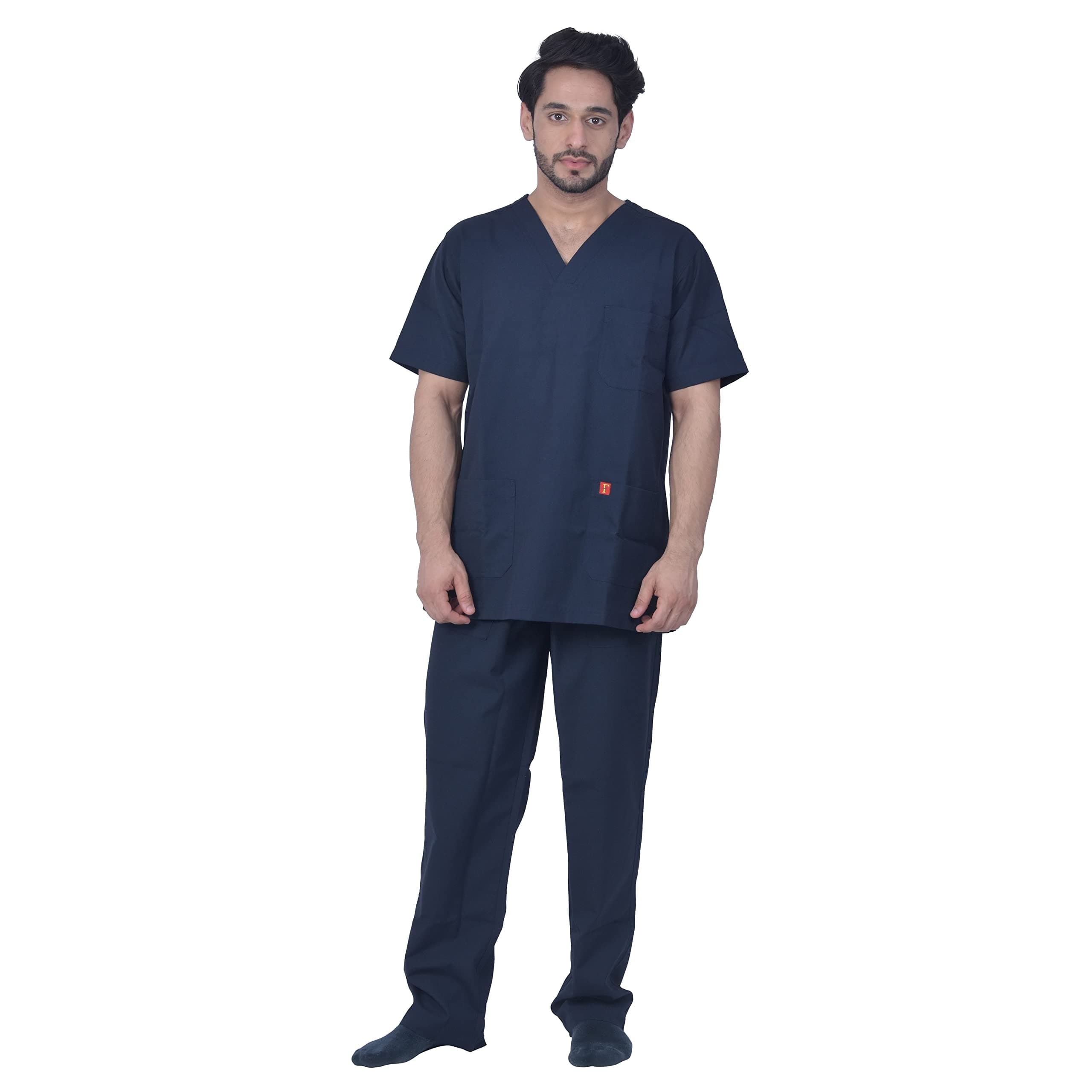FRENCH TERRAIN® Unisex Polyester Viscose V-Neck Scrub Suit OT Dress Set Top and Bottom with 3 Pockets (Size_36 - S, Dark Navy Blue)
