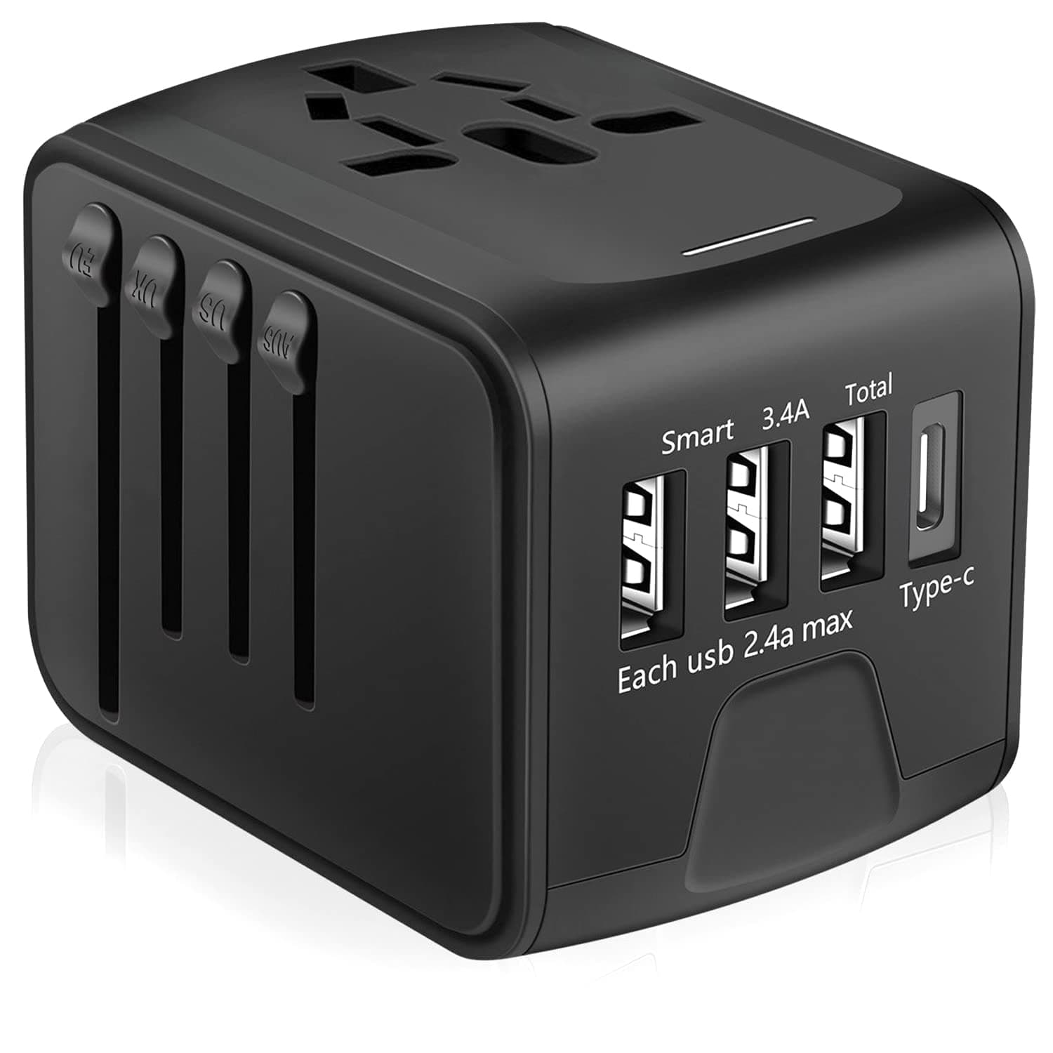 International Travel Adapter, All in One Power Adapter with High Speed 3 USB & Type C Travel Charger,European Adapter, Universal AC Outlet Plugs for EU UK AU US Asia 200+ Countries, Black