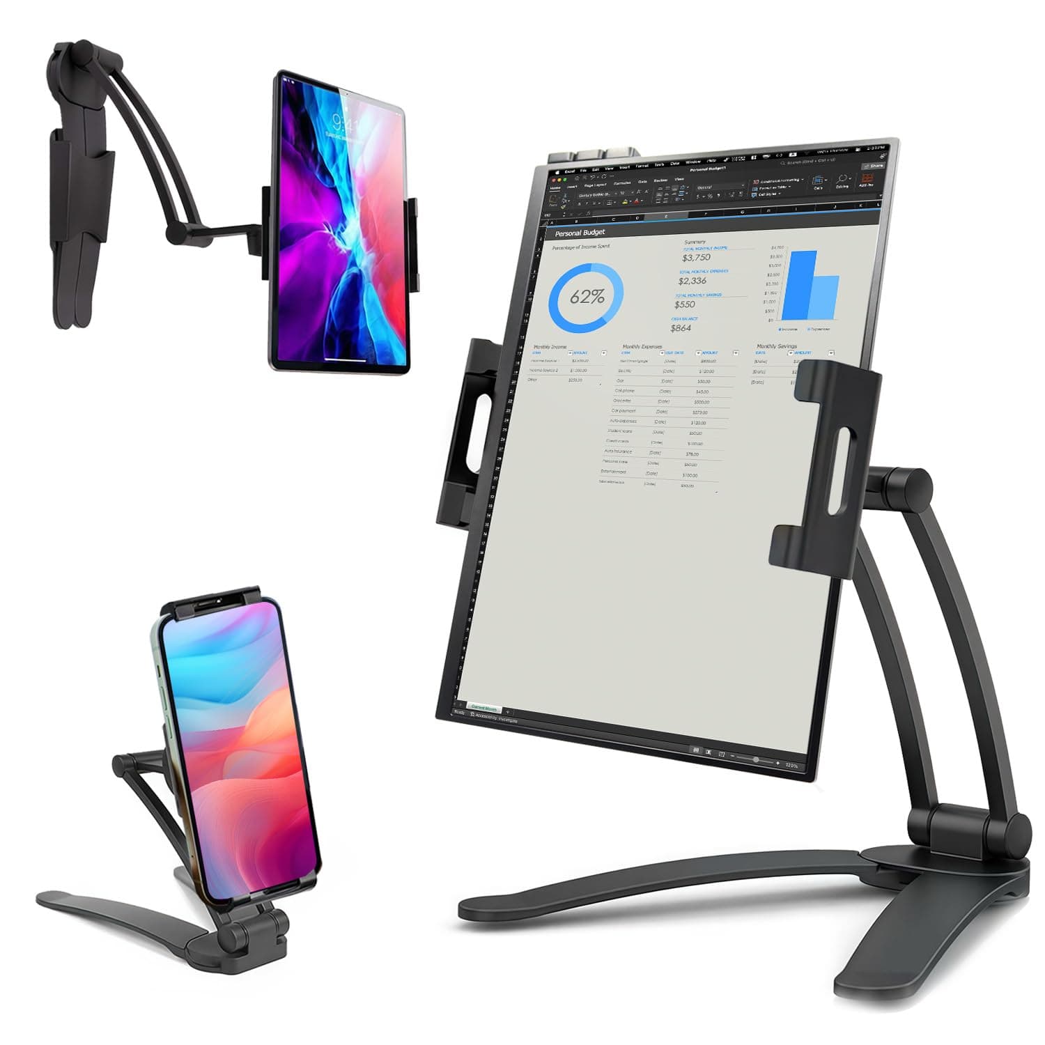 Kado Portable Monitor Stand Aluminum Alloy, Tablet Holder Phone Clamp for Display Phone, Wall Mount 3M Cubical Mount for Portable Monitor, Kitchen Cabinet Tablet Holder for iPad Surface Pro