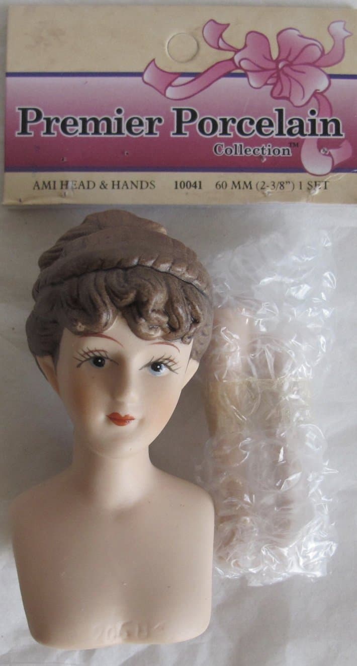Premier Craft 1 Set of Porcelain AMI 'Lady' Doll Head 2-3/4" High (Package Size 2-3/8" High) and Pair of Hands Each 2" Long w Brown Molded HAIRCOPY of Instructions Included (1999 Made in Taiwan)