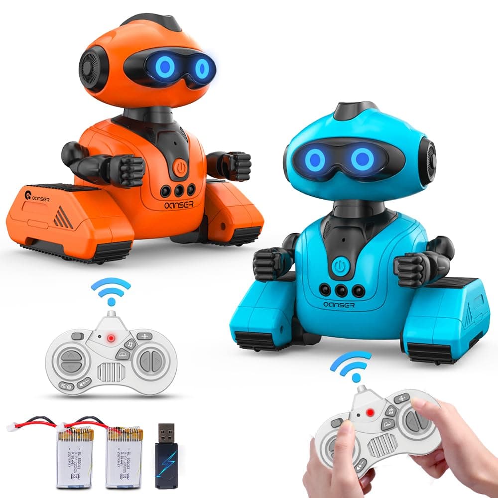 VATOS 2PCS RC Robot Toys for Kids, Rechargeable Remote Control Emo Robots with Music & Shining LED Eyes, Flexible Head & Arms, Touch Sensor, Intelligent Talking Robot Gifts for 3+ Years Old Boys Girls