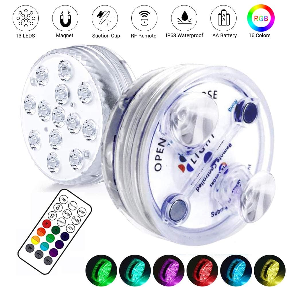 Submersible LED Lights,Pond Lights Underwater,Hot Tub Accessories Lights IP68 Waterproof Pool Lights with RF Remote Multicolor 13 LEDs Suction Cup LED Lights for Garden Fish Tank Vase Base 2 Packs