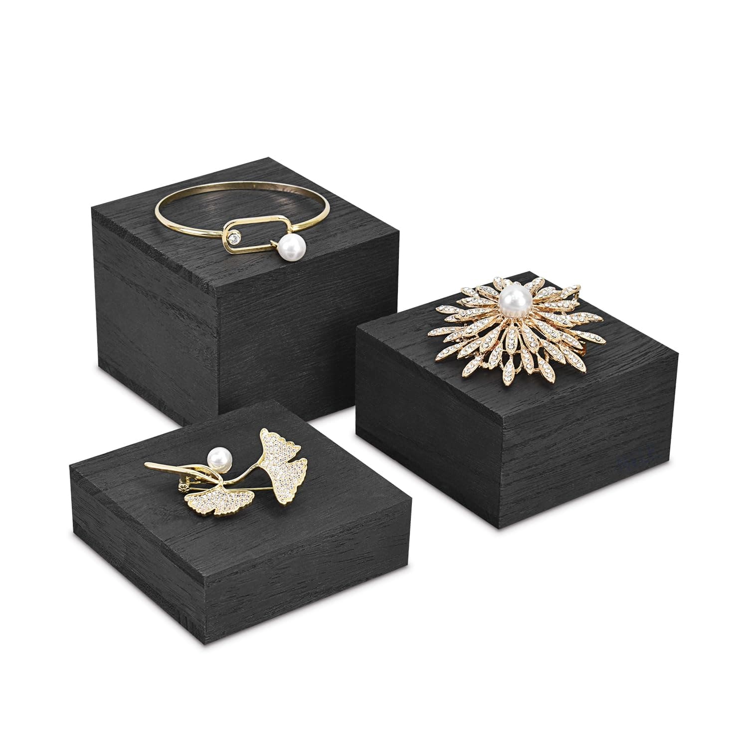 MOOCA Customizable Wooden Display Risers Set - 3 Different Height Stands for Jewelry, Watches, Cosmetics, and Accessory, Black Color