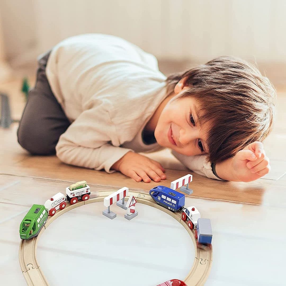 Wooden Train Set for Toddlers Battery Operated Action Rescue Trains with 3 Magnetic Motorized Engines and 6 Cars, Compatible with Thomas, Brio, Melissa and Doug