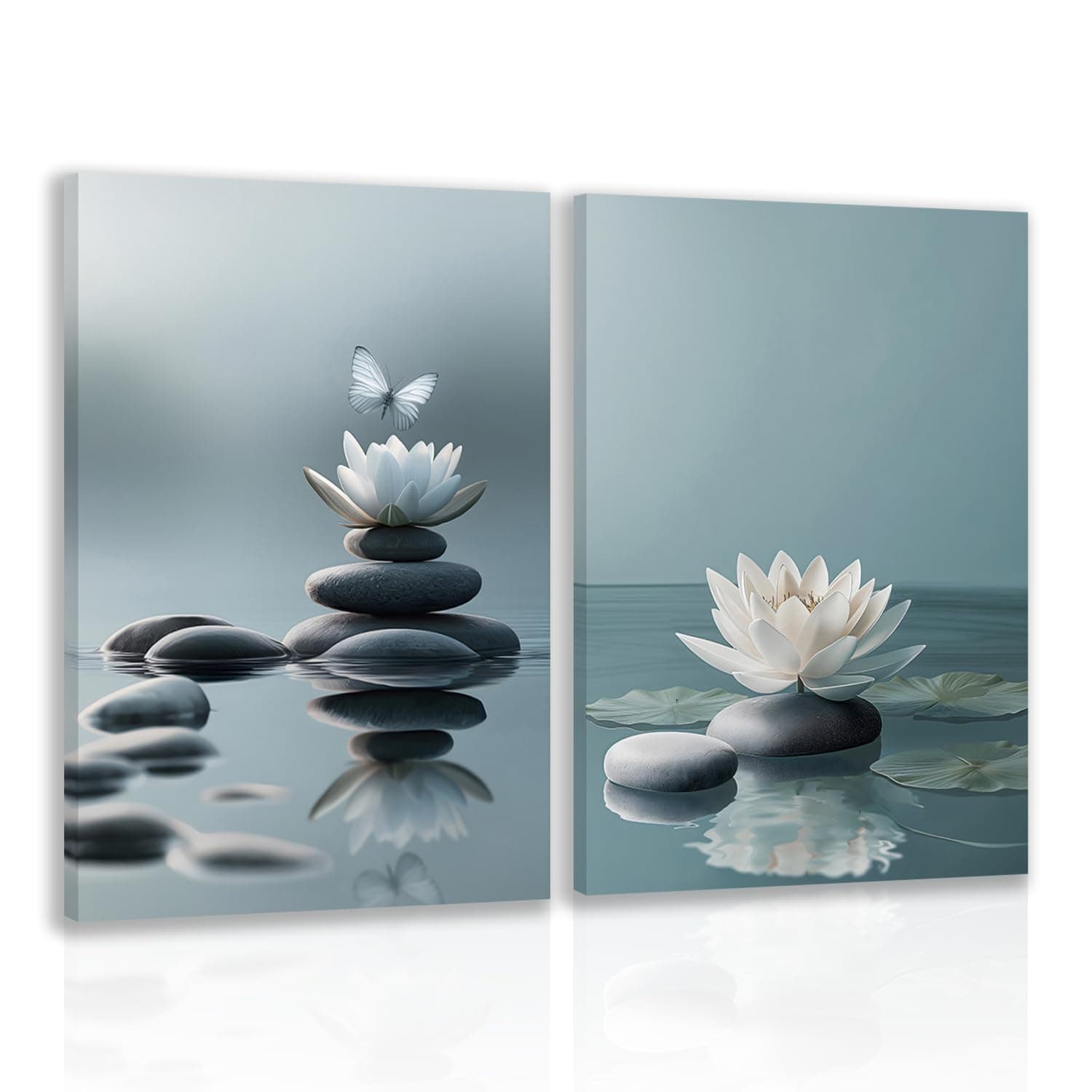 CGXY Zen Stones Spa Wall Art White Lotus Floral Bloom on Stone in Water Picture for Zen Office Meditation Posters, Yoga Spa Meditation Spiritual Room Decor Modern Framed Spiritual Artwork 12"x16"x2