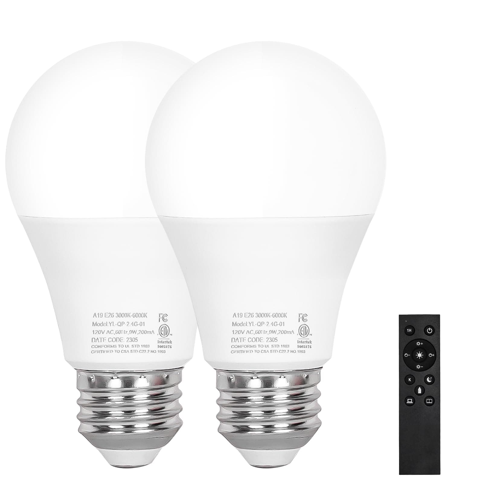 A19 LED Light 2 Bulbs with 1 Remote Control, 9W LED Bulbs, E26 Base, 805 LM, Dimmable Stepless 2700K-6000K, 25000 Hours Lifespan, Light Bulb for Floor Lamp, Pendant Lamp, Table Lamp