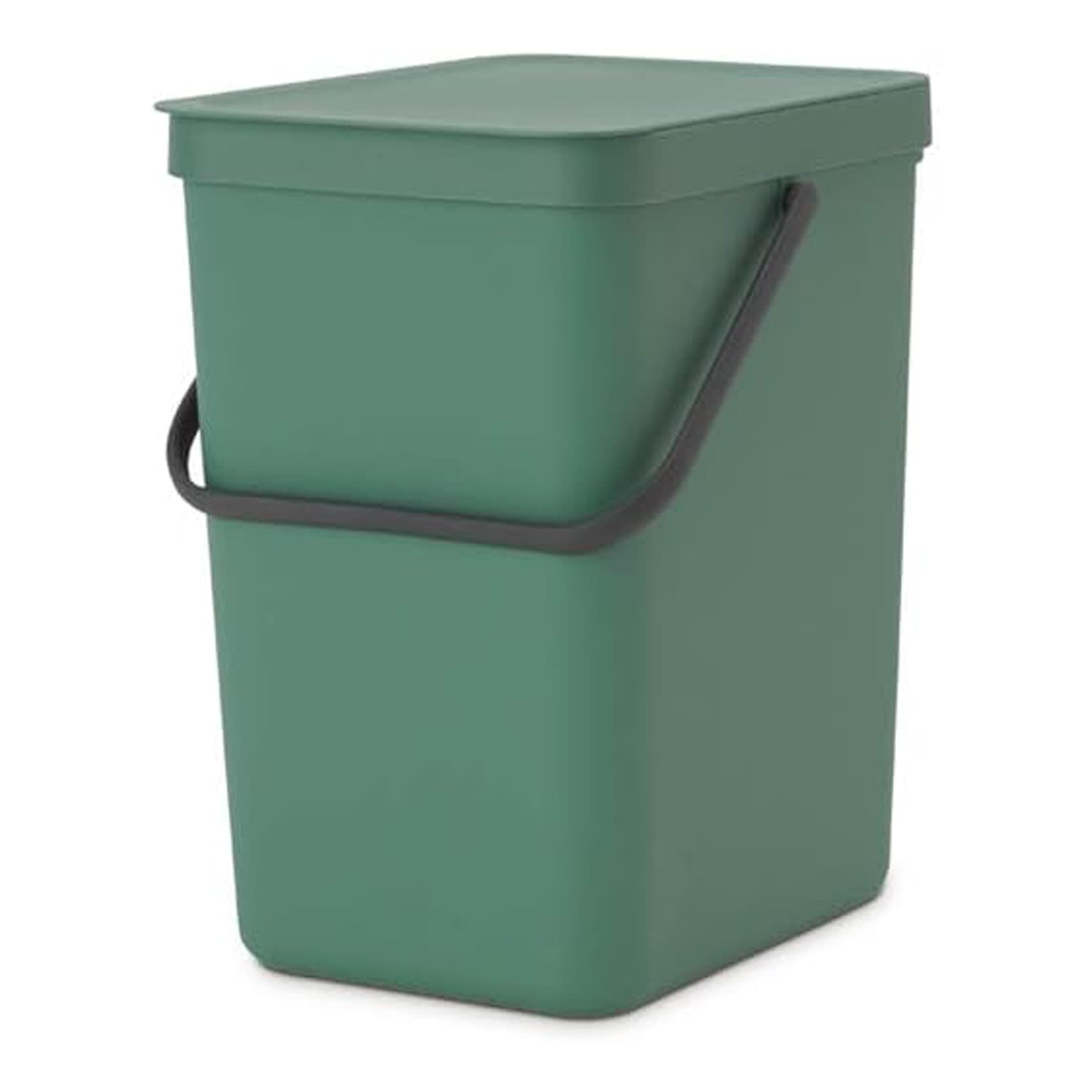 Brabantia Sort & Go Waste Bin 25L (Fir Green), Space-Efficient Plastic Recycle Container with Handle, Removable and Stay-Open Lid, Easy to Clean Kitchen Bin without Nooks and Rims