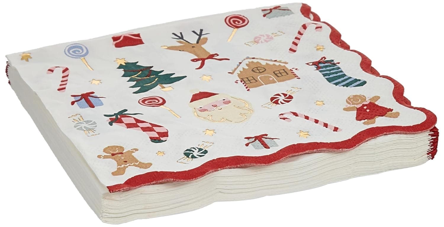 Christmas Paper Napkins (Pack of 16), Square Christmas Napkins Disposable, Thick & Absorbent 3-Ply Paper, Wavy Border