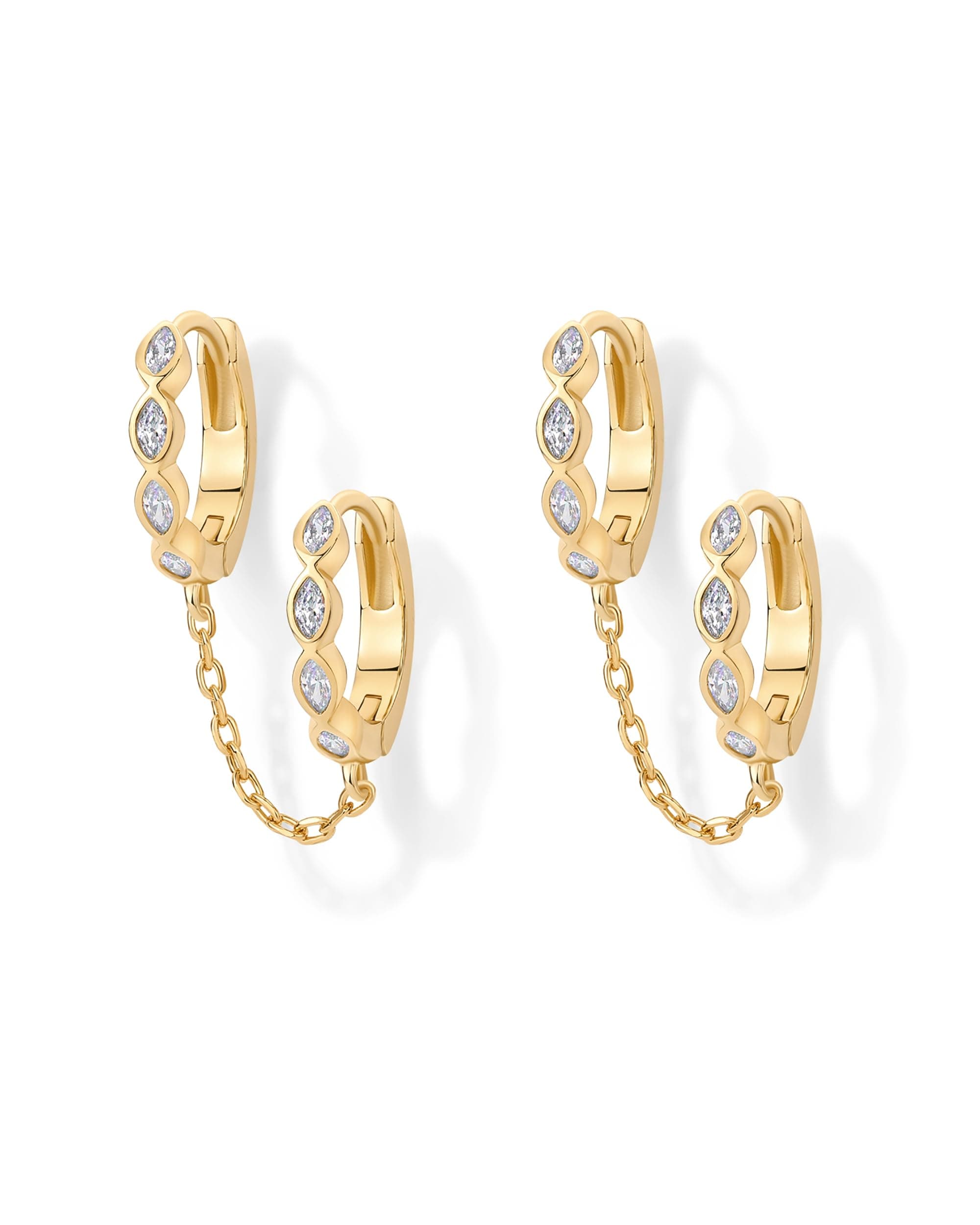 PAVOI 14K Gold Chain Earrings for Women | Double Piercing Dangle Chain Huggie Hoop Earrings | Cubic Zirconia Pearl Stud Ear Cuff Earrings for Women