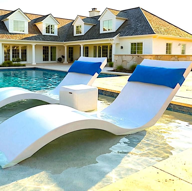 Classic White-Blue - in-Pool Chaise Set – Includes Two Chaises, Two Headrest Pillows, and One Poolside Table – for Ledges Up to 9” - Aqua Outdoors