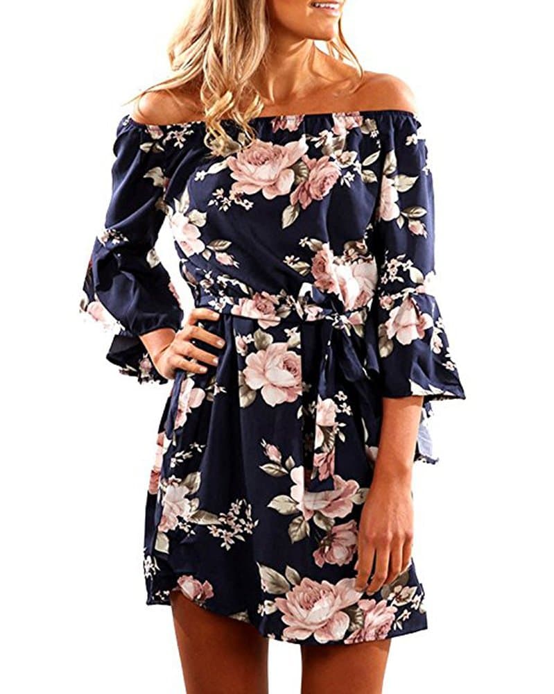 Women Off Shoulder Ruffles Floral Tunic Casual Party Shift Short Dress