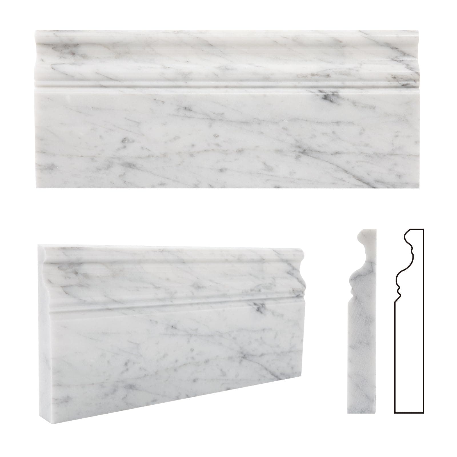 Carrara White Marble Baseboard Trim, Polished, Italian Bianco Carrara Marble Base Molding for Bathroom Wall and Kitchen Backsplash, 5x12 Inch, 4 Pcs