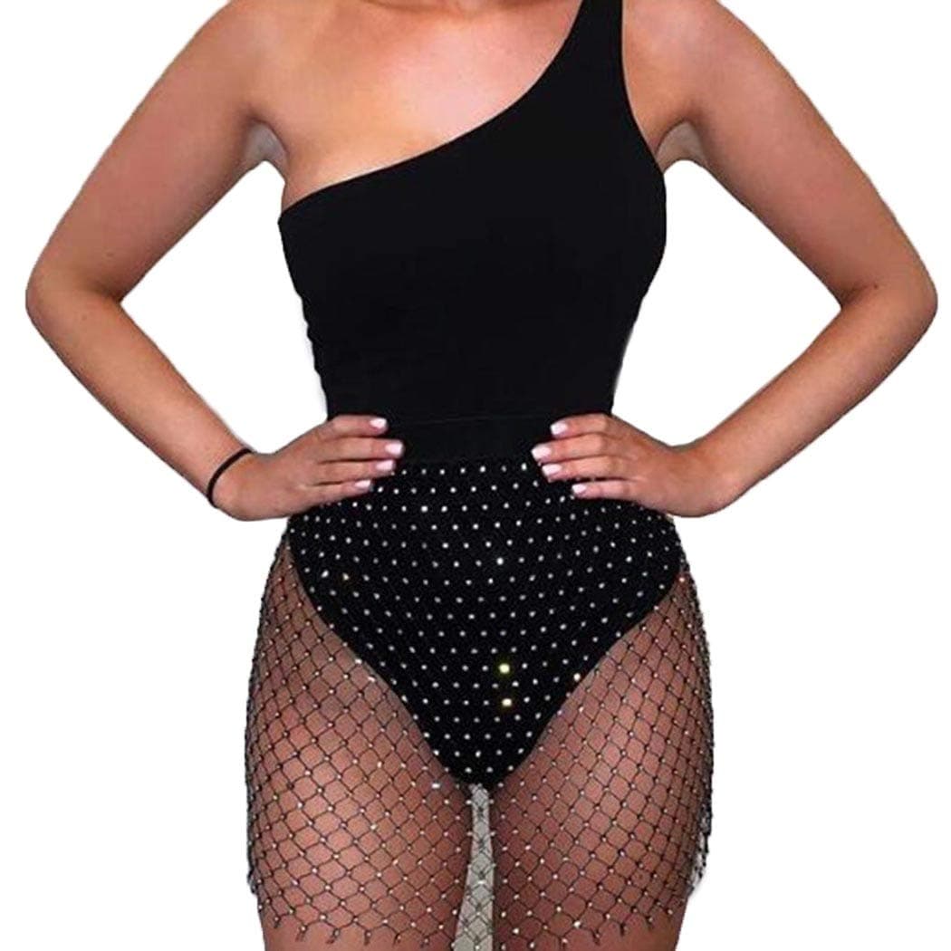 Women Mesh Skirt Rhinestone Fishnet Skirts Fashion Crystal Cover Up Skirt Beach Wrap Skirt Party Costume