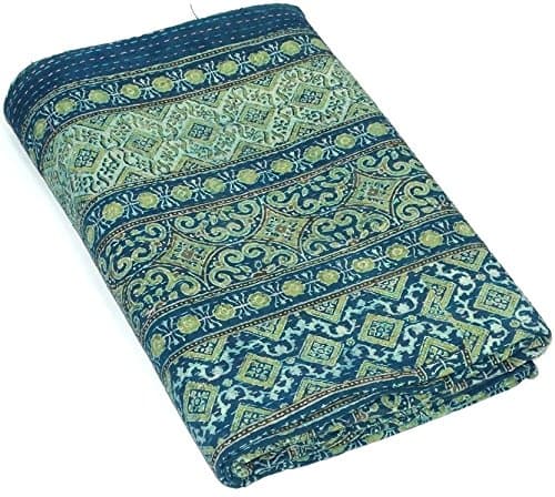 Hand Block Print Kantha Quilt Ajrakh Kantha Bedspread Vegetable Dye Kantha Blanket Indigo Print Ajrakh Kantha Quilt