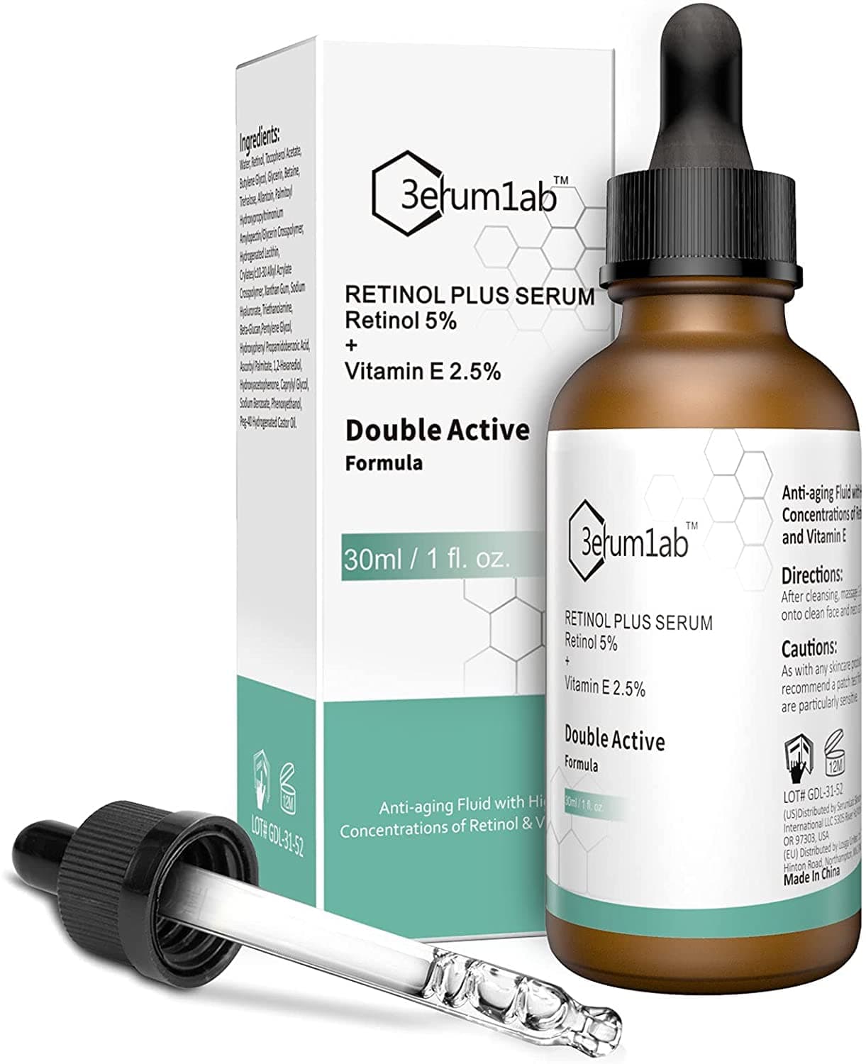 3erum1ab Retinol Serum High Strength for Face and Skin, Unique Double Active Ingredients of 5% Retinol & 2.5% Vitamin E, Outstanding Synthetic Effect to Reduce Wrinkle, and Dark Circle (Retinol Serum)