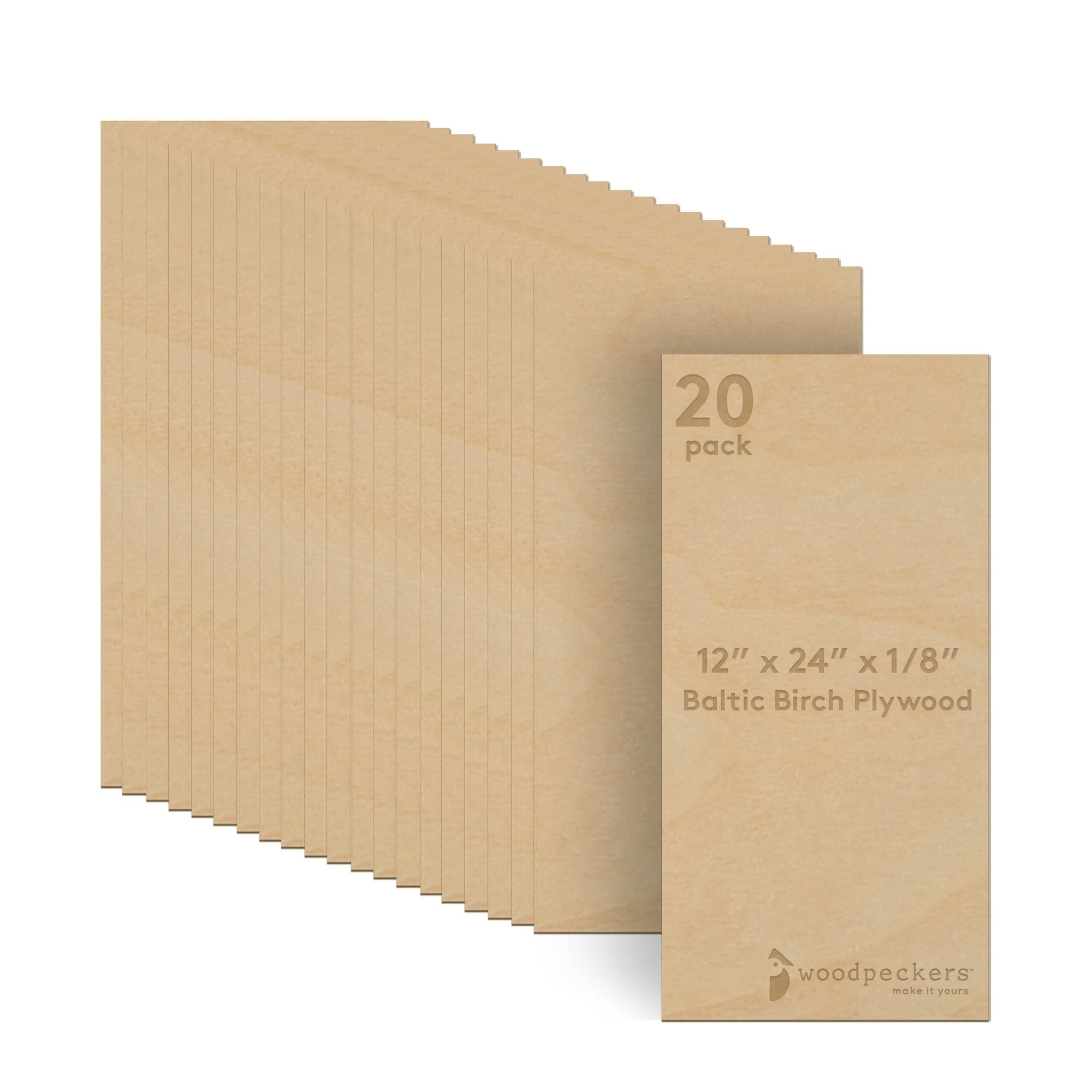 3 mm Baltic Birch Plywood 1/8 x 12 x 24 Inch, Box of 20 B/BB Grade Craft Wood, Stronger Than Basswood Sheets, for Laser, CNC Cutting and Wood Burning, by Woodpeckers