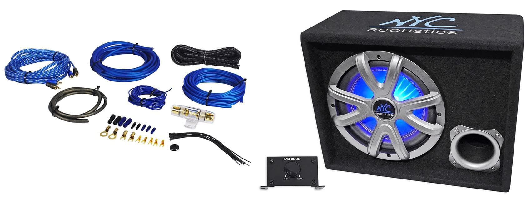 NYC ACOUSTICS NSE10L 10 inches 1000w Powered Car Subwoofer/LED Sub Enclosure+Wire Kit, NSE10L+RWK81 NEW
