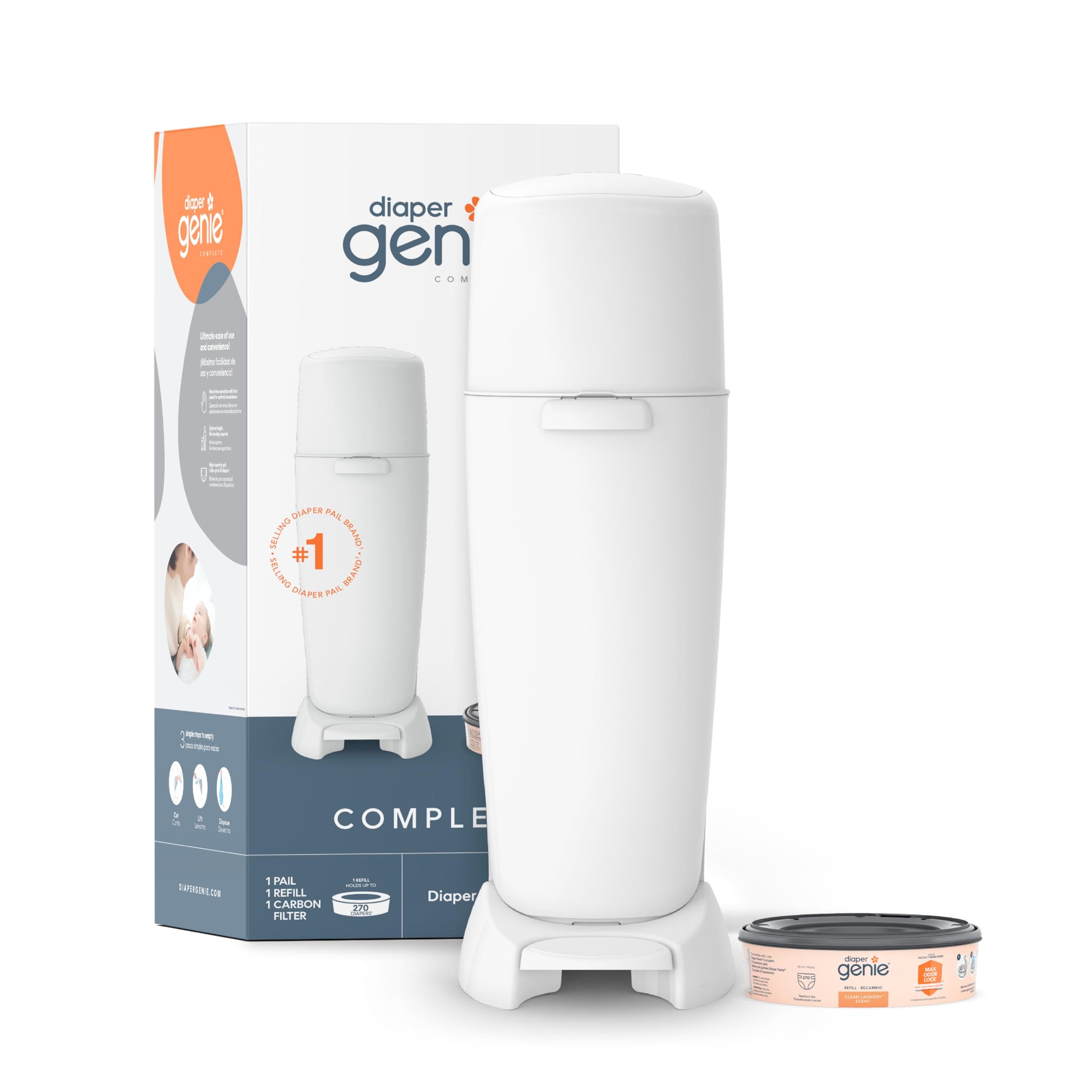 Diaper Genie Complete Diaper Pail (White) – Includes 1 Refill (Holds 270 Newborn Diapers) & 1 Carbon Filter