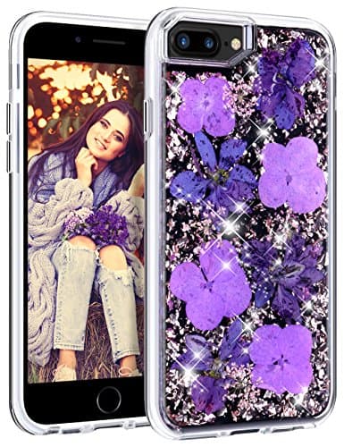 HoneyAKE Case for iPhone 7 Plus iPhone 8 Plus Case Glitter Cute Pretty Girly Case with Natural Flower Durable Shockproof Hard PC Cover Flexible TPU Frame for iPhone 6 Plus 6s Plus 7 Plus 8 Plus,Purple