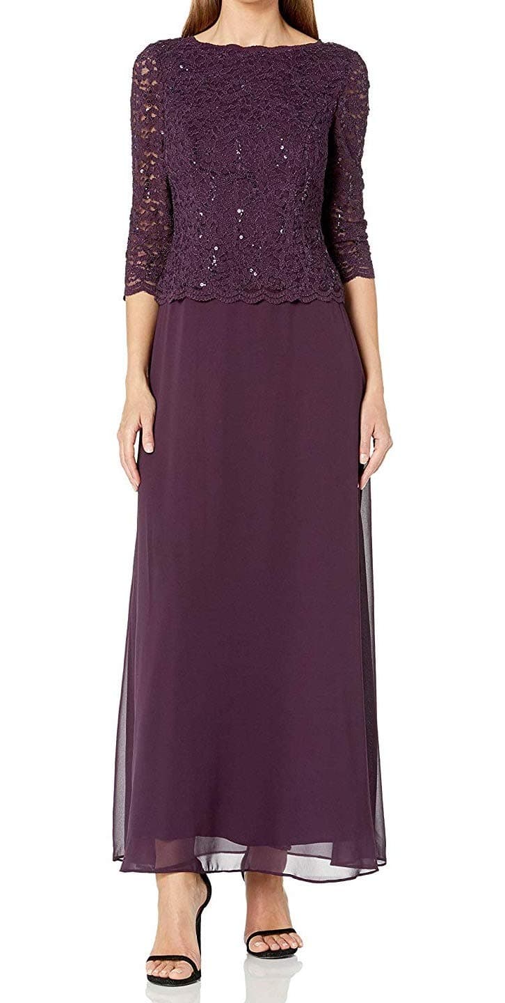 Alex EveningsWomen's 3/4 Sleeve Stretch Lace Bodice Mock One Piece Gown