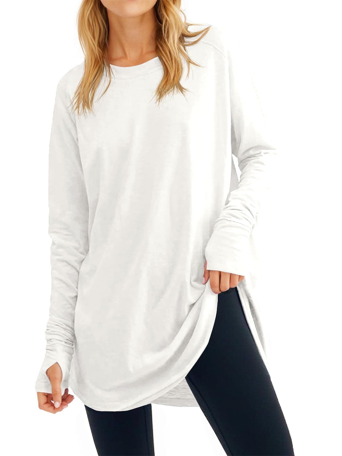 Women's Casual Long Sleeve Tops Crew Neck Round Hem Loose T-Shirts Tunic Tops with Thumb Holes