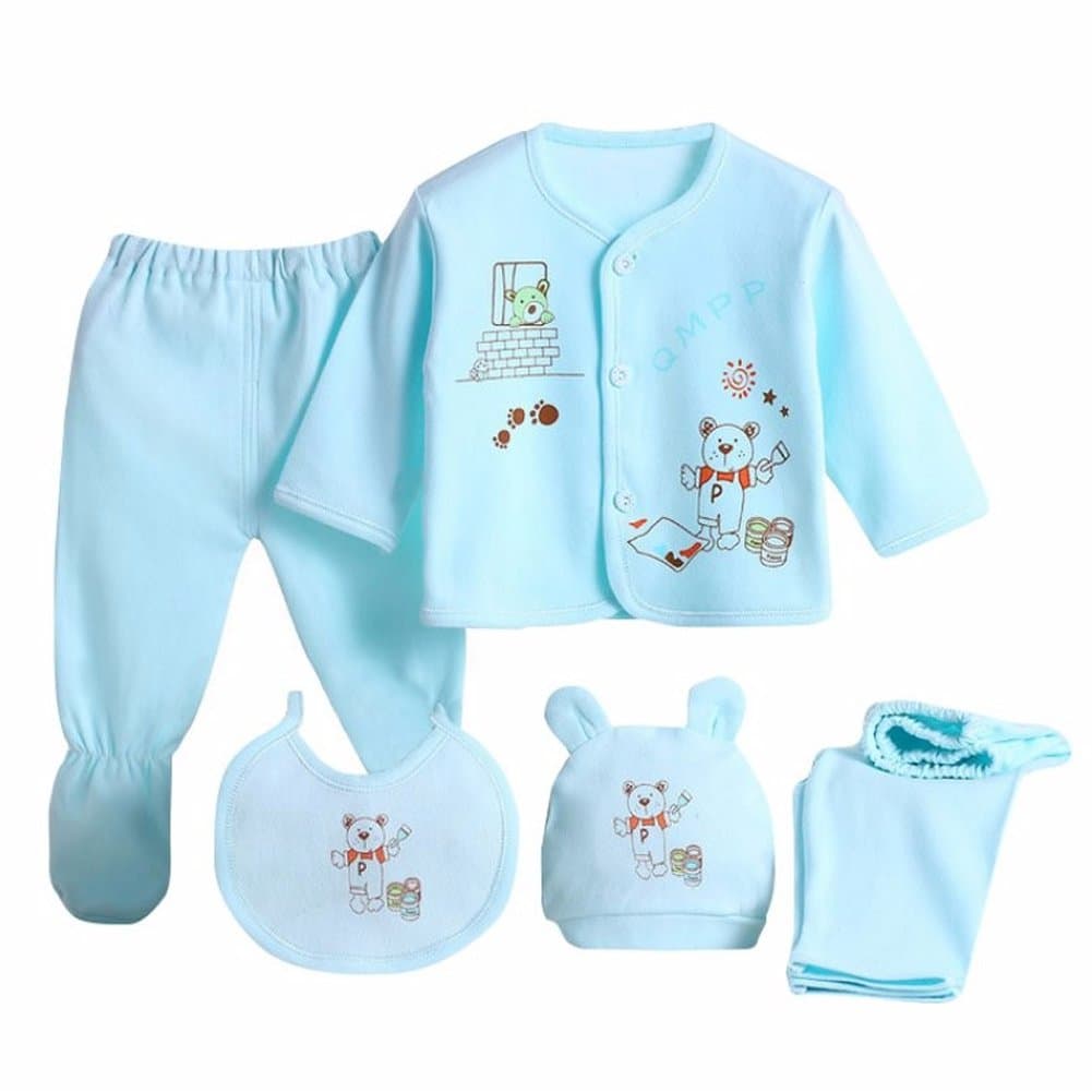 5PCS Newborn Baby Boys Girl's Cotton Grow Top Hat Pants PlaySuit Sets Outfit