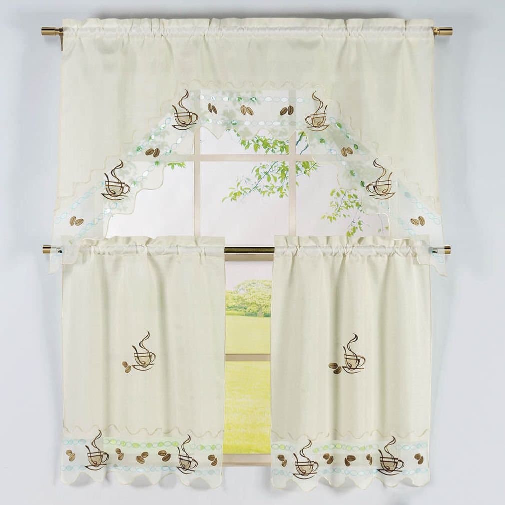 Fancy 3 Piece Coffee Talk Ivory Embroidered Kitchen Curtain Set Swag Valance & Tiers