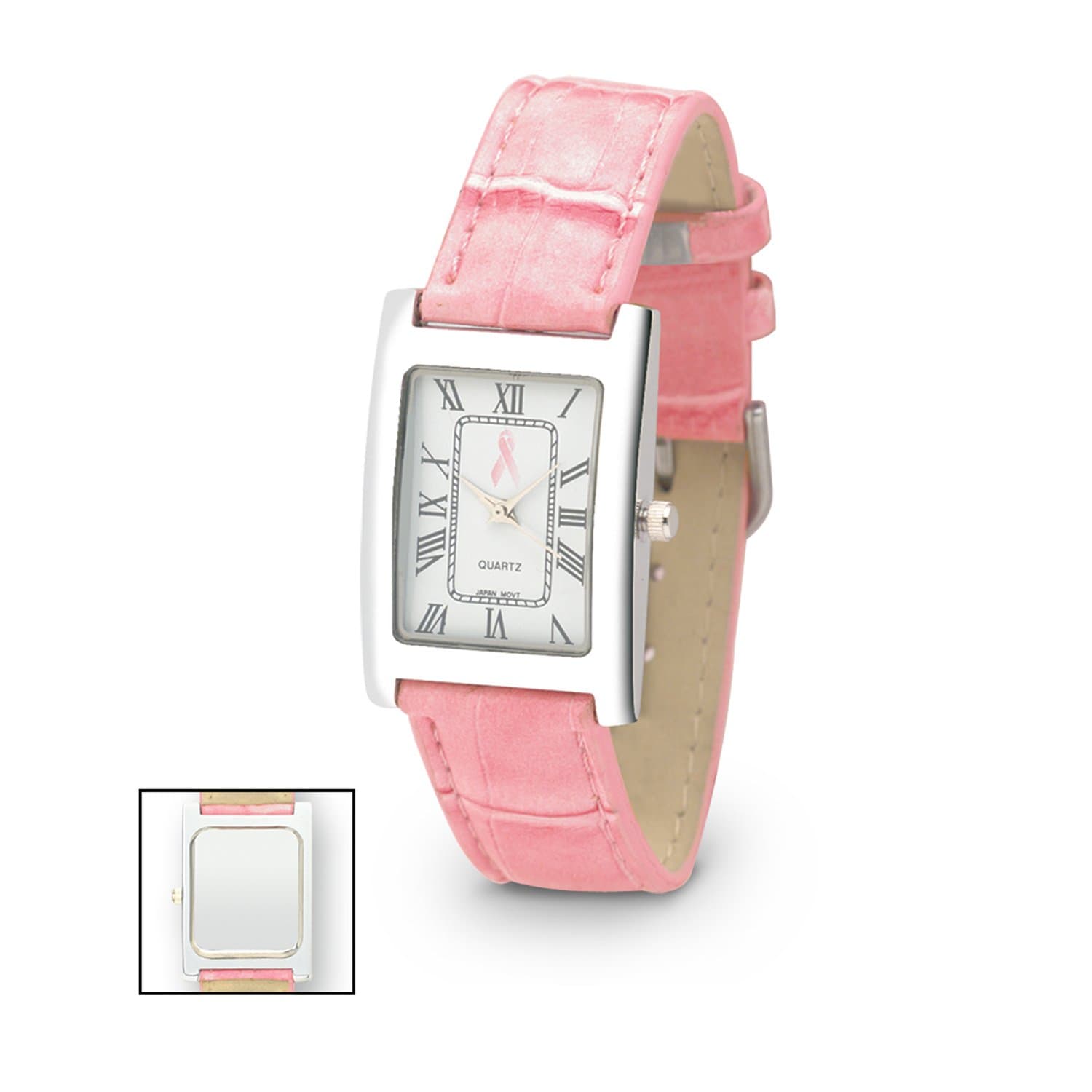 Embossed Pink Croco Strap Watch, Pink Breast Cancer Awareness Ribbon on White Face, Pink