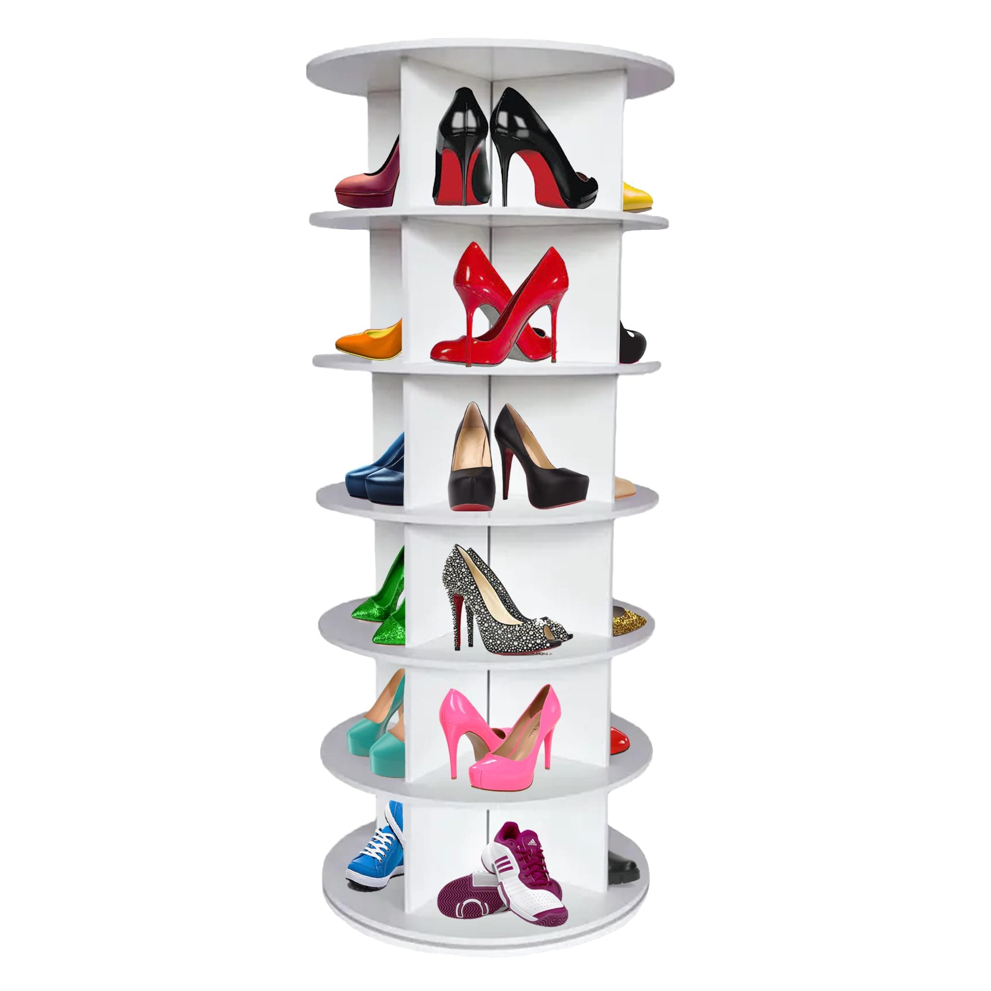 Rotating 360° Wooden Shoe Rack, Store Your Shoes, Handbags, Crystals, Figurines In Our Reloving Multi-Compartment Shelf Tower. This 6-tier Wooden Rack Holds Up To 24 Pairs Of Shoes.