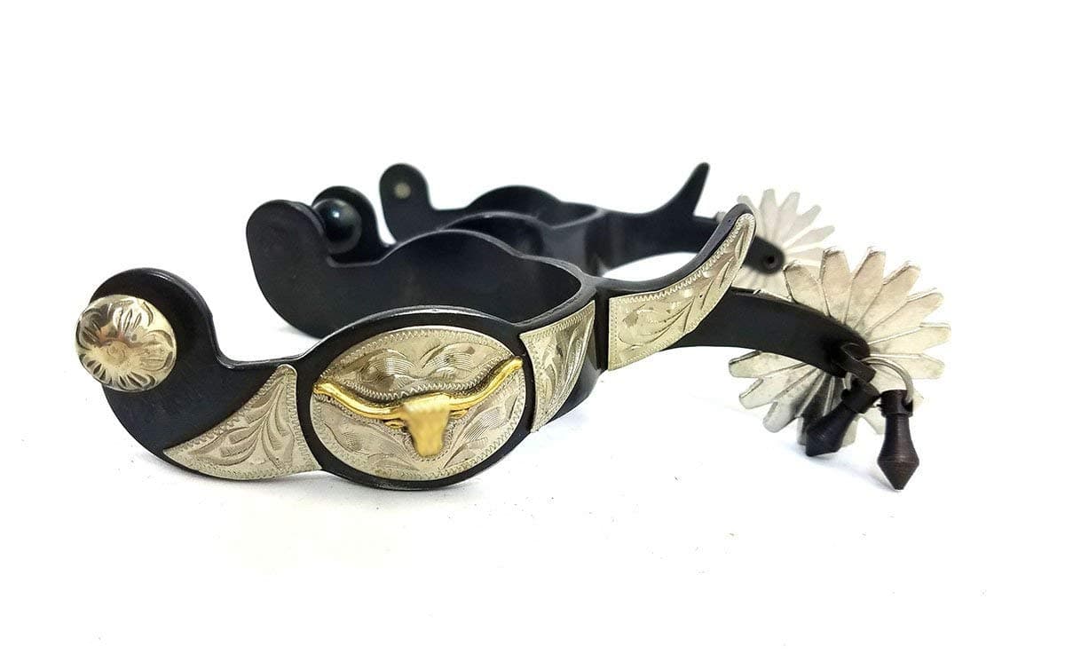 Western American Cowboy Texas Longhorn 16pt Jingle Bob Spurs and Leather Basket Weave Spur Straps (Black SteerheadJinglebob Spur)