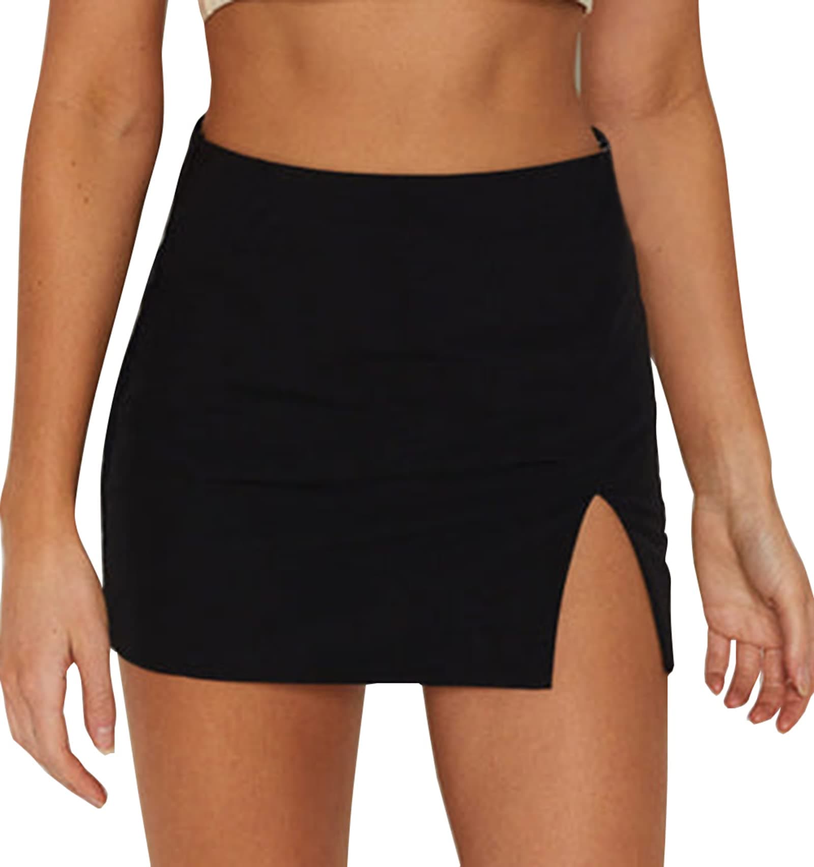 Black Mini Skirt Women's High Waisted Stretch Fitted Bodycon Skirt with Slit