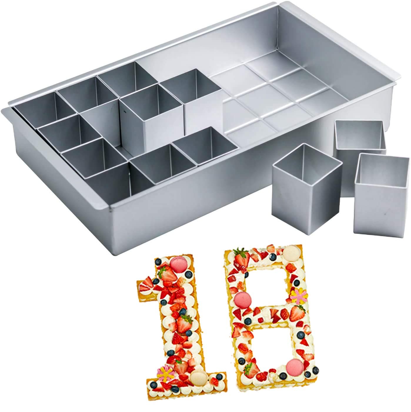 Number Cake Pan for Baking Letter Cake Molds Set with 12 Pcs Square Cake Tins DIY Number Cake Molds Set for Wedding Birthday