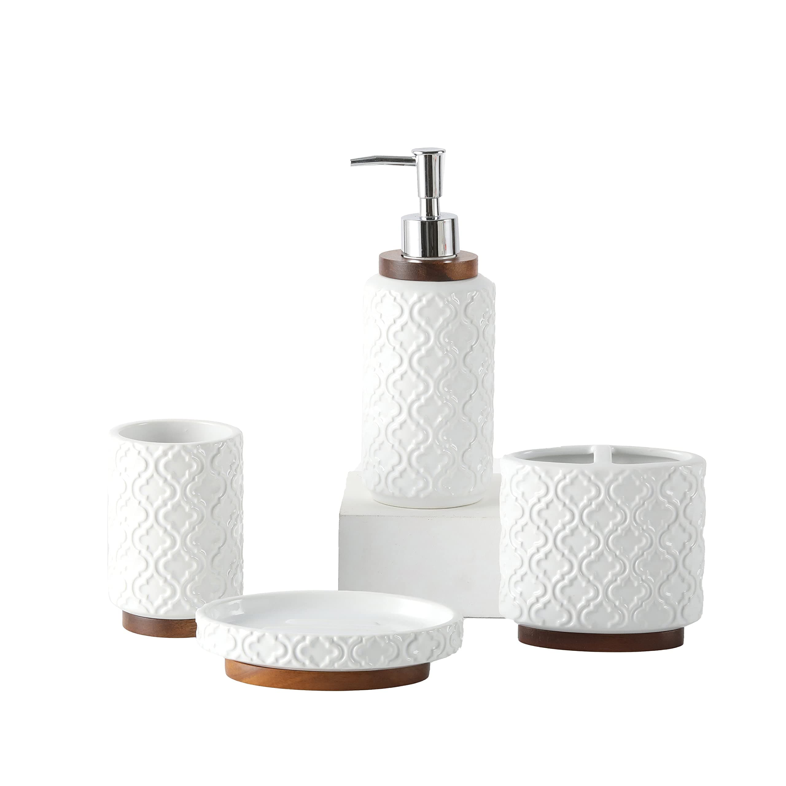 Elegant 4 PCS Ceramic&Wood Bathroom Accessories Set:Soap Dispenser,Toothbrush Holder,Tumbler,Soap Dish,Easy to Clean,Quatrefoil Pattern,White-Affordable Luxury for Home Decor Enthusiasts